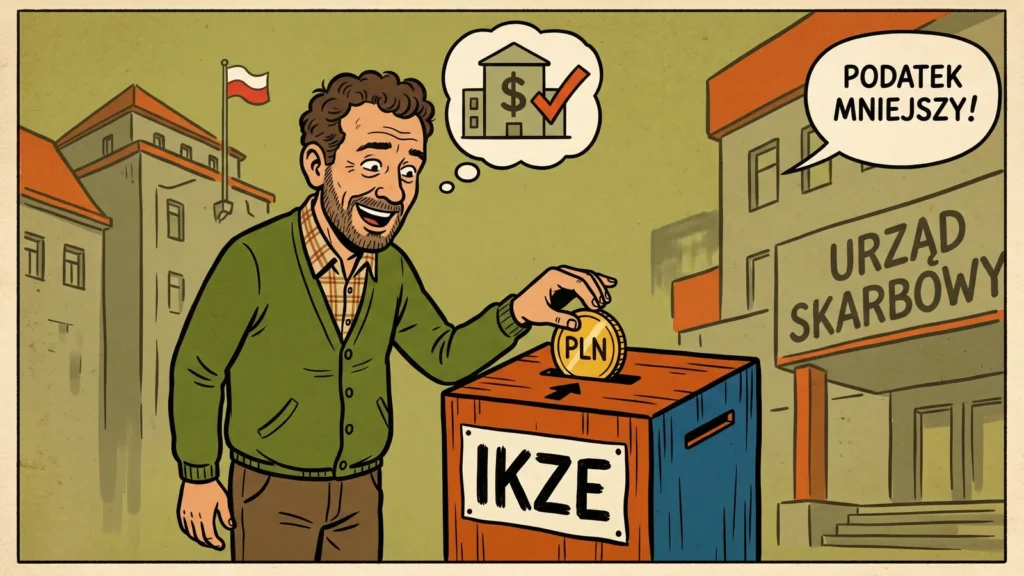 Komiksowa scena obrazująca wpłacanie pieniędzy na IKZE i korzyści podatkowe w polskich realiach