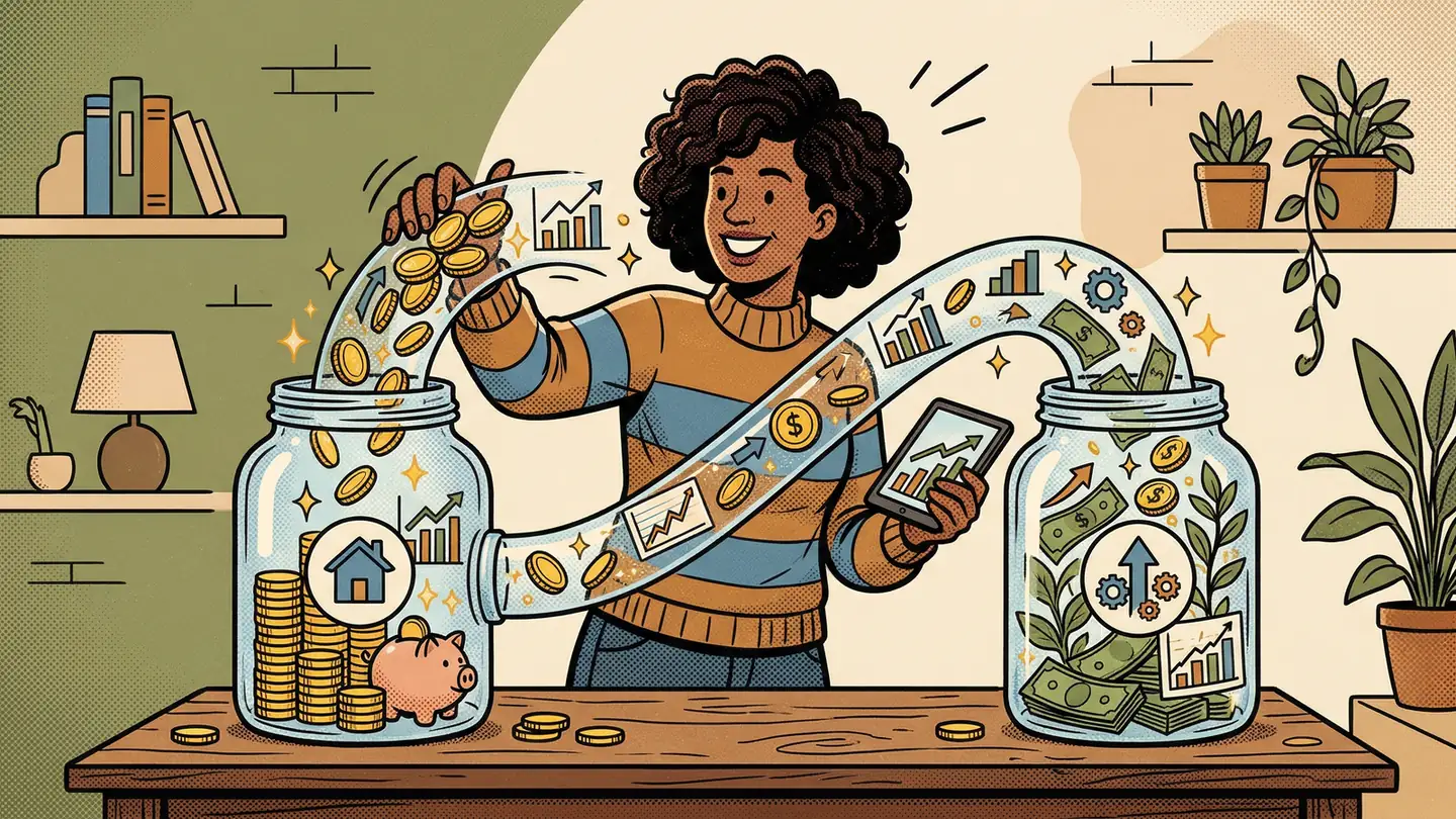 Ilustracja komiksowa przedstawiająca osobę planującą finanse i przenoszącą monety między oszczędnościami a inwestycjami.