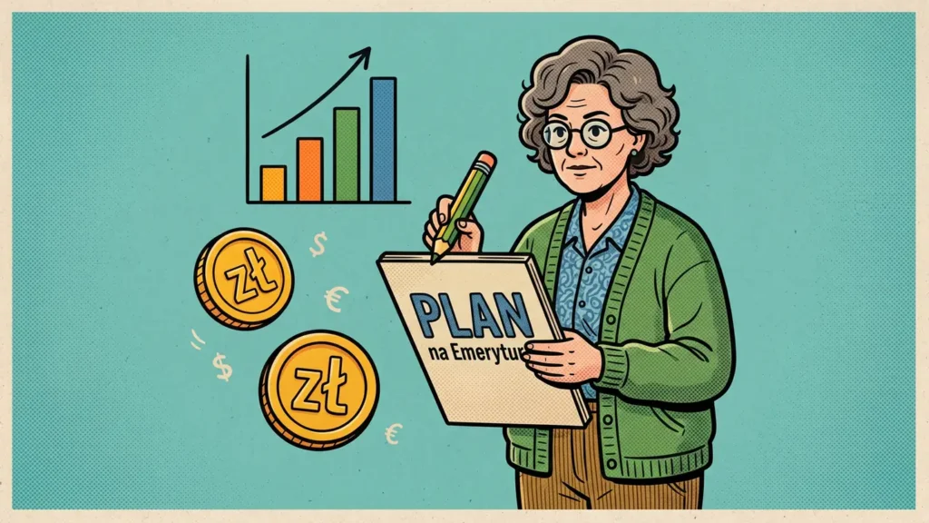 Ilustracja komiksowa przedstawiająca planowanie oszczędności na przyszłość z użyciem notesu i symboli finansowych