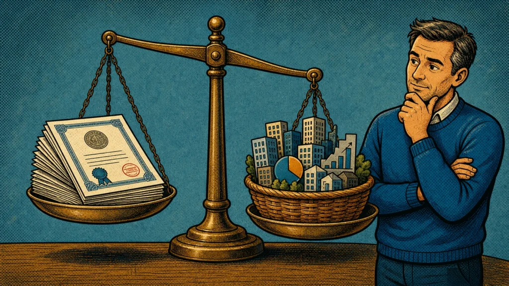 Waga z obligacjami na jednej szali i koszykiem akcji ETF na drugiej, między nimi planująca postać, styl komiksowy
