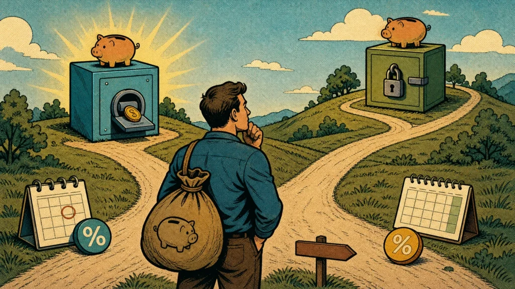 Rozwidlenie dróg prowadzi do dwóch skarbonek — jedna oddaje monetę od razu, druga otwiera się na końcu ścieżki, styl komiksowy