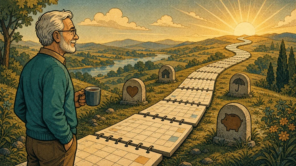 Pogodna starsza osoba na początku długiej ścieżki z kart kalendarza biegnącej za horyzont — styl komiksowy