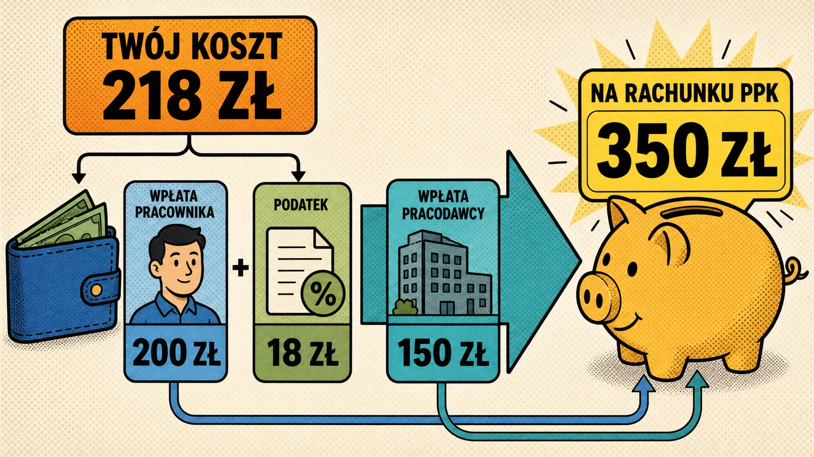 Infografika PPK pokazująca, że bieżący koszt pracownika 218 zł przekłada się na 350 zł na rachunku