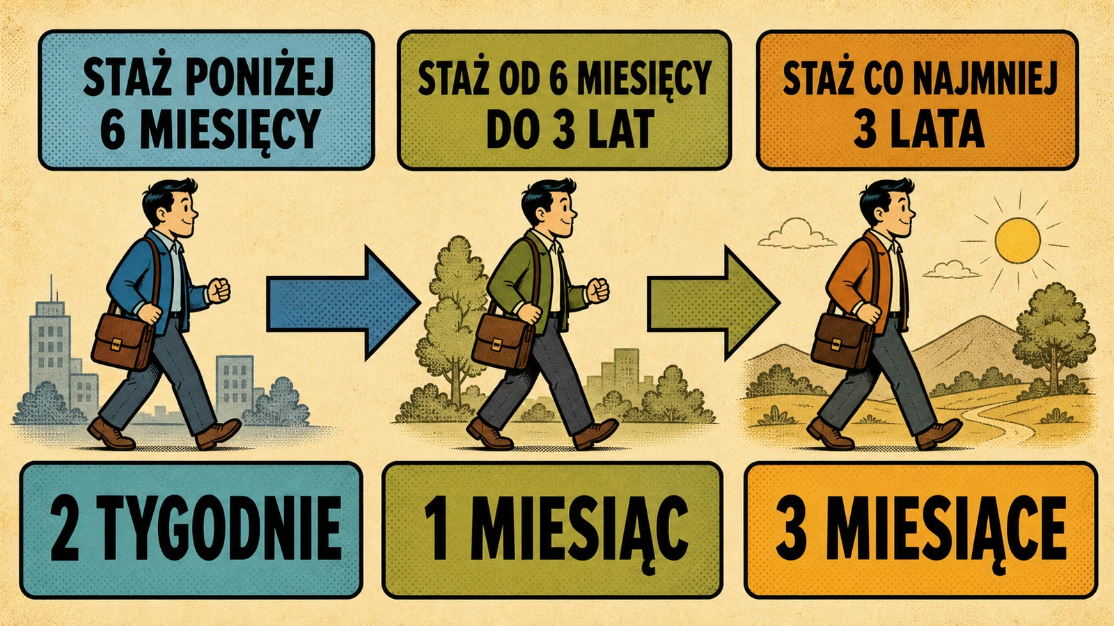 Infografika okresów wypowiedzenia: 2 tygodnie, 1 miesiąc lub 3 miesiące zależnie od stażu