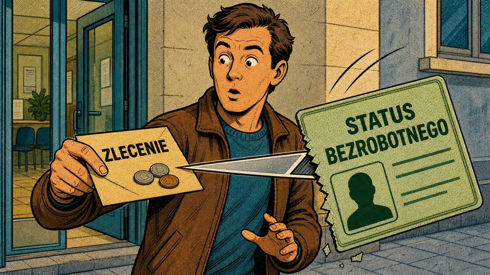 Małe zlecenie z kilkoma monetami przecina kartę oznaczającą status bezrobotnego