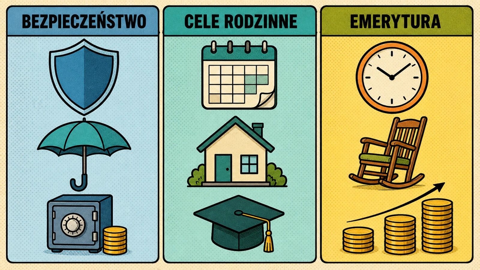 Infografika przedstawiająca trzy warstwy planu finansowego rodziny: bezpieczeństwo, cele rodzinne i emeryturę