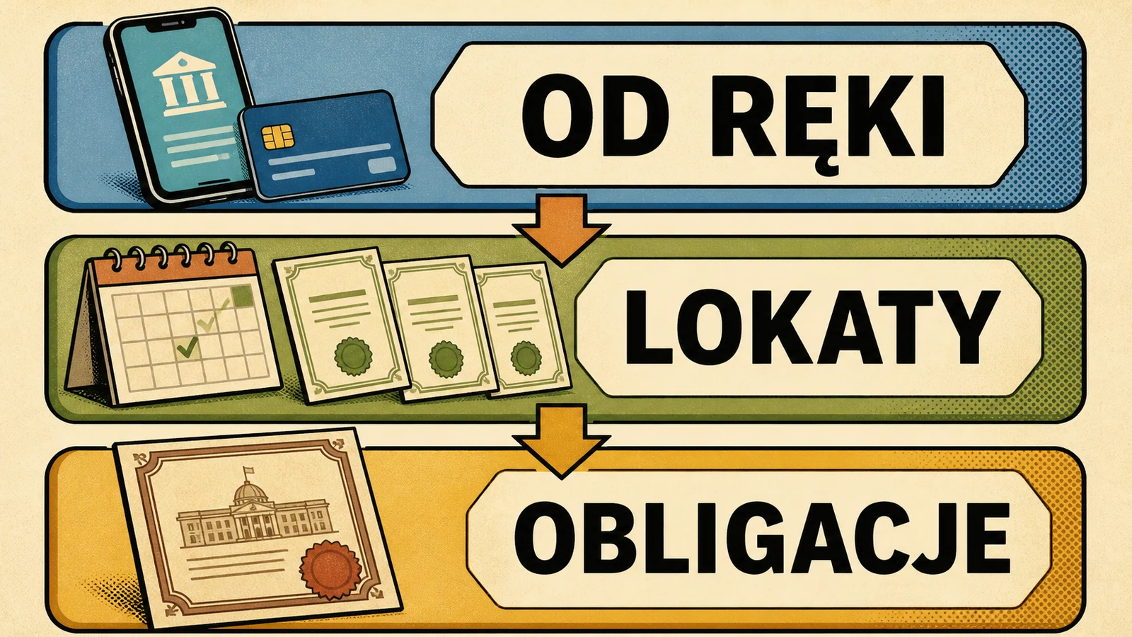 Infografika trzech warstw poduszki bezpieczeństwa: środki od ręki, lokaty i obligacje