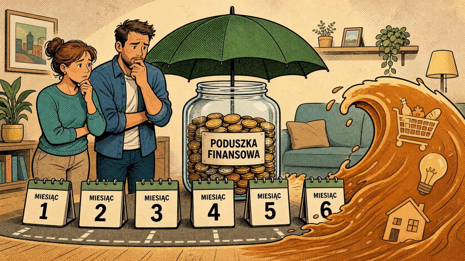 Komiksowa para obserwuje poduszkę finansową osłaniającą sześć miesięcy wydatków przed rosnącą falą kosztów życia