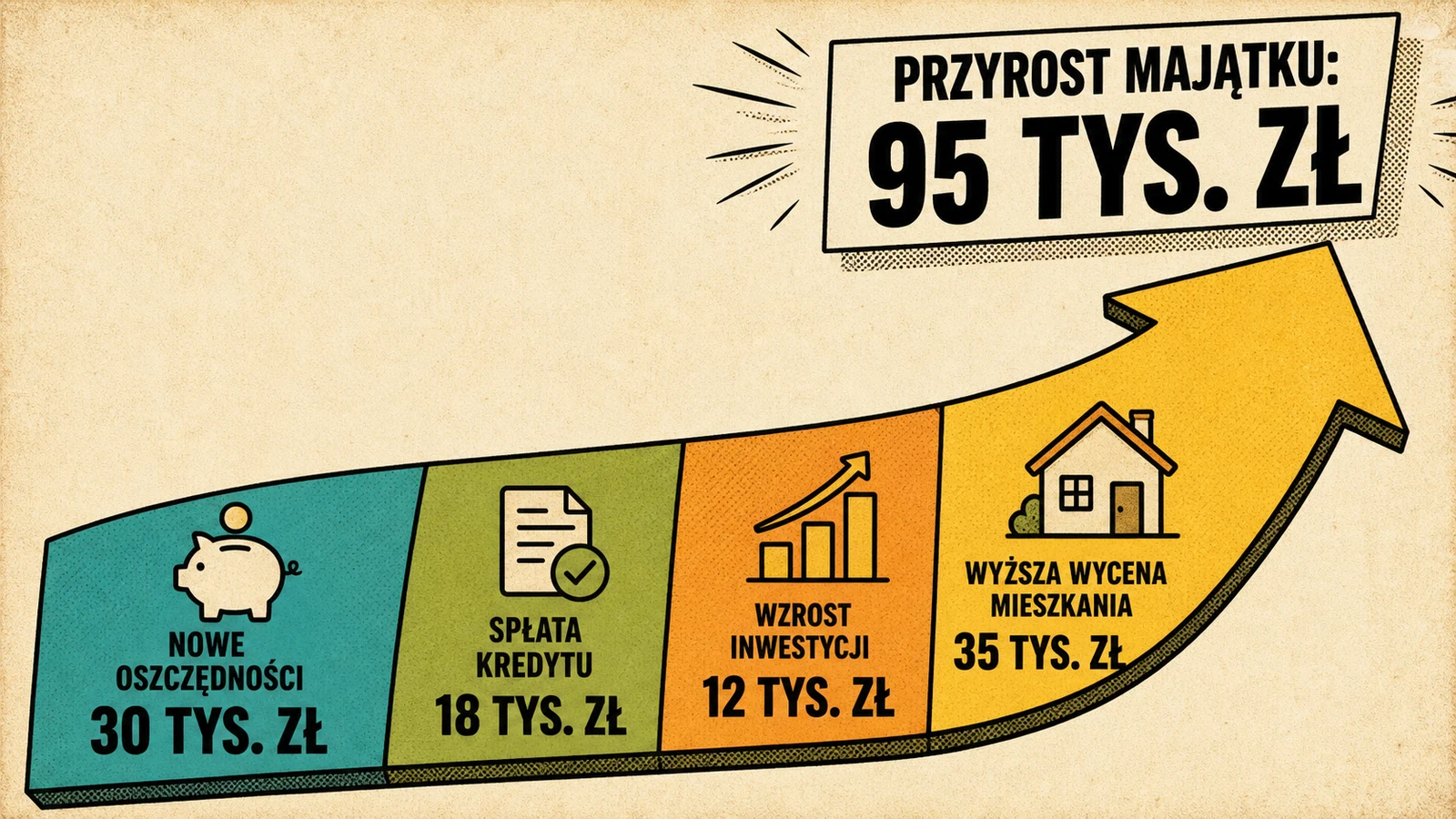 Infografika pokazująca rozbicie 95 tys. zł wzrostu majątku na oszczędności, spłatę kredytu, inwestycje i wycenę mieszkania