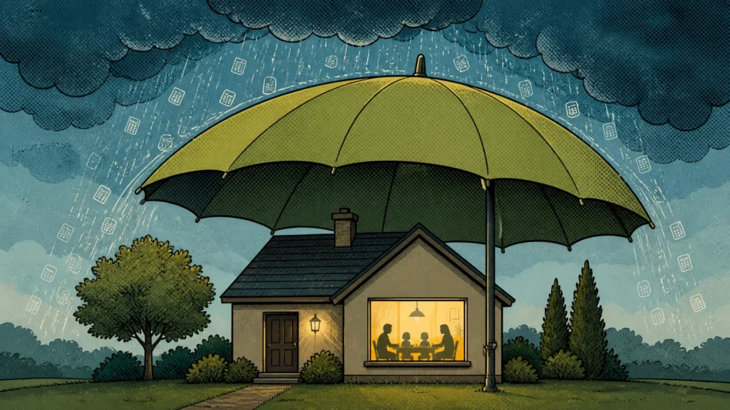 Duży parasol rozpięty nad domem z rodziną w środku, na parasol pada deszcz drobnych ikon rachunków i rat — styl komiksowy