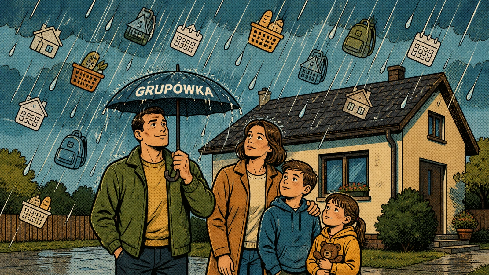 Mały parasol grupówki chroni jednego rodzica, ale nie obejmuje całej rodziny i domu
