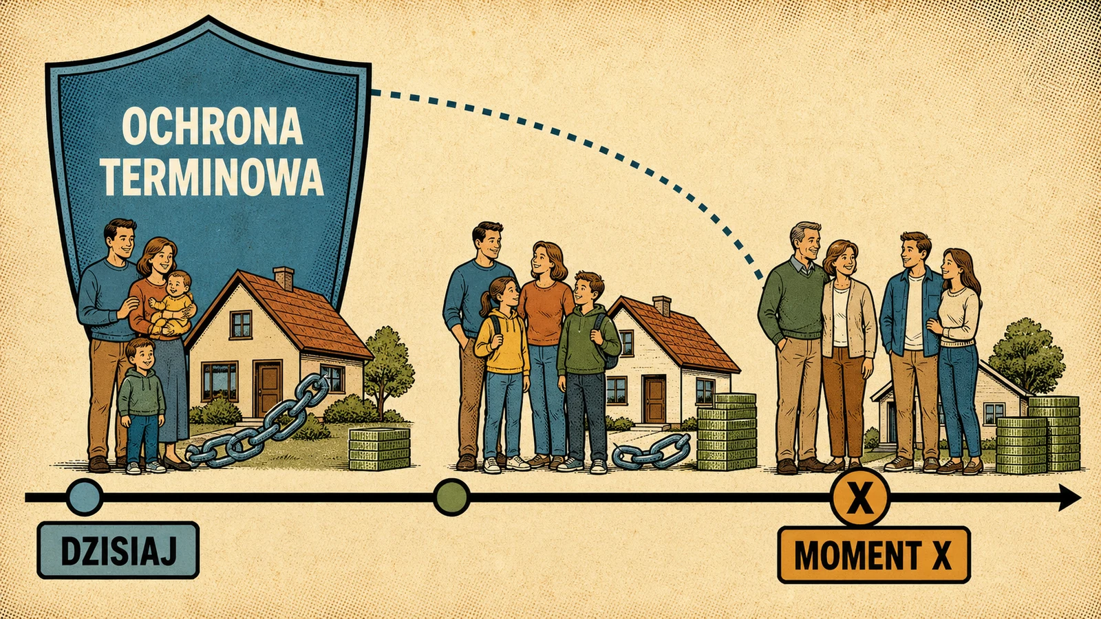 Infografika pokazująca malejącą potrzebę ochrony terminowej od dziś do momentu usamodzielnienia rodziny