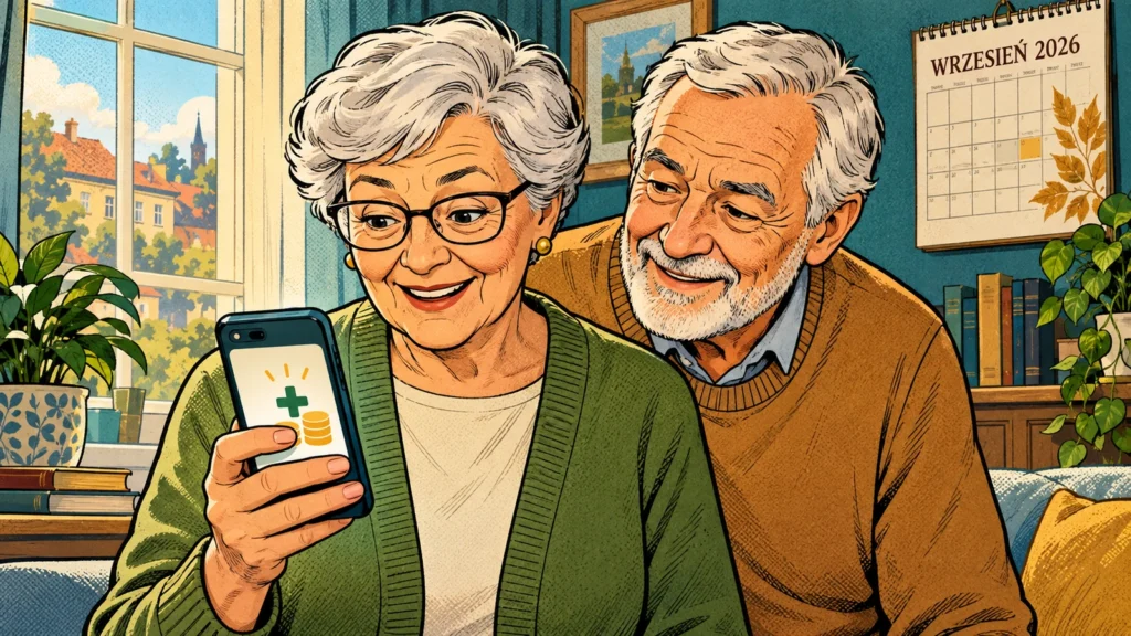 Starsza para sprawdza na telefonie wpływ dodatkowego świadczenia emerytalnego; komiksowa ilustracja w turkusach, oliwce i ciepłych beżach.