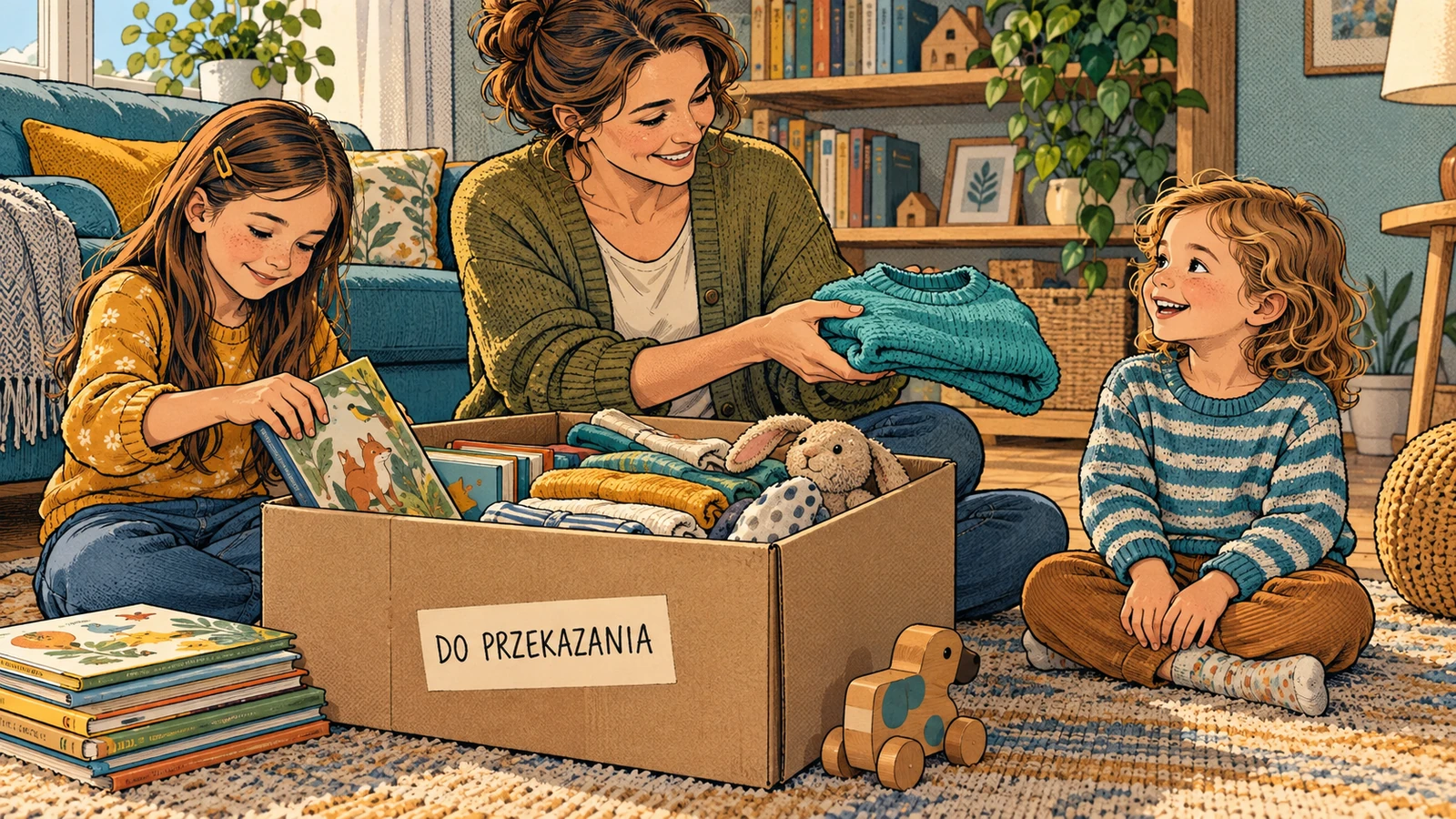 Mama przekazuje młodszemu dziecku sweter po starszej córce, która odkłada książkę do kartonu Do przekazania; ubrania, książki i zabawki mogą służyć kolejnemu dziecku.