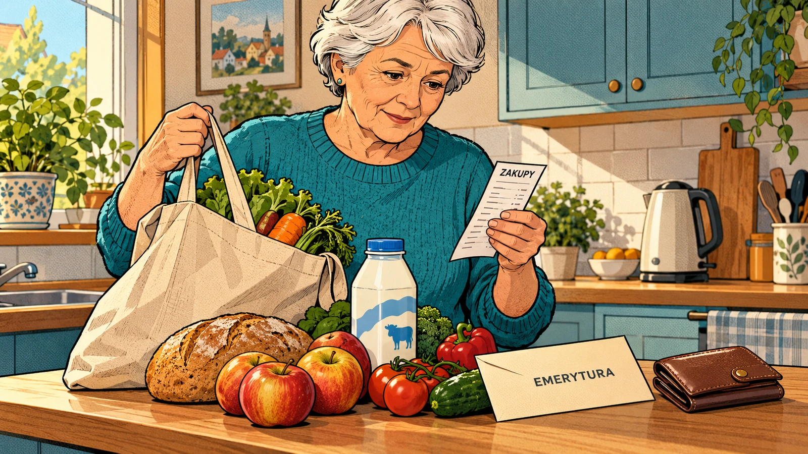 Seniorka sprawdza paragon podczas rozpakowywania codziennych zakupów; obok chleba, mleka i warzyw leżą portfel oraz koperta Emerytura, ilustrujące relację dochodu do kosztów życia.