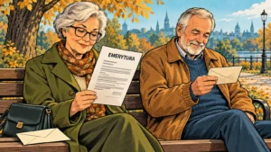 Dwoje seniorów siedzi na ławce w jesiennym parku z informacją o emeryturze i osobnymi kopertami; komiksowa ilustracja świadczeń emerytalnych.