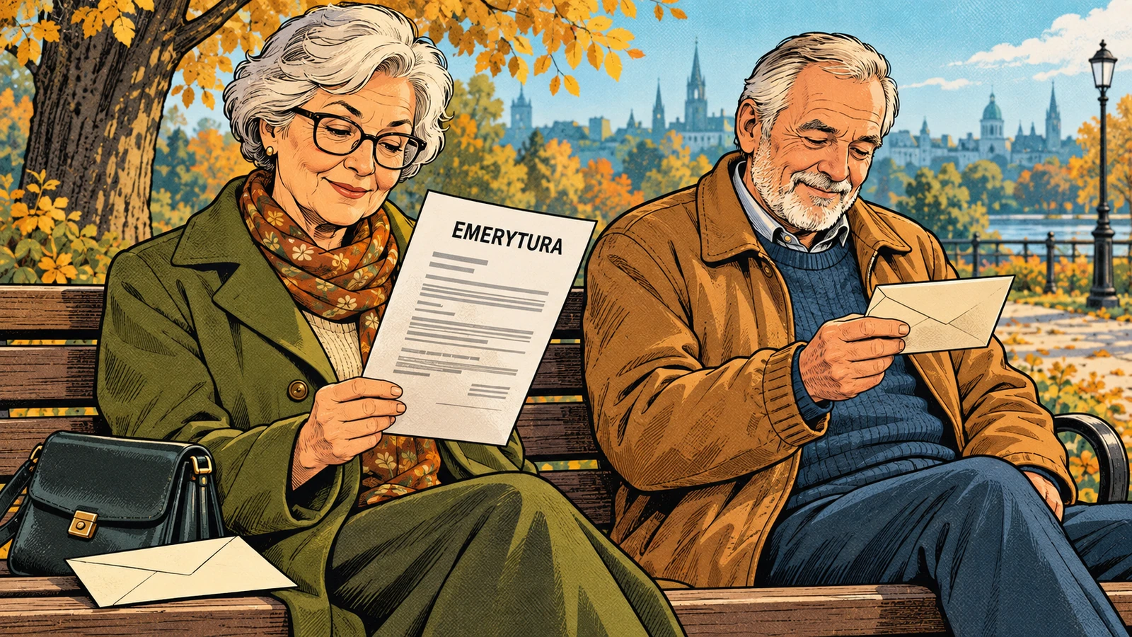 Dwoje seniorów siedzi na ławce w jesiennym parku z informacją o emeryturze i osobnymi kopertami; komiksowa ilustracja świadczeń emerytalnych.