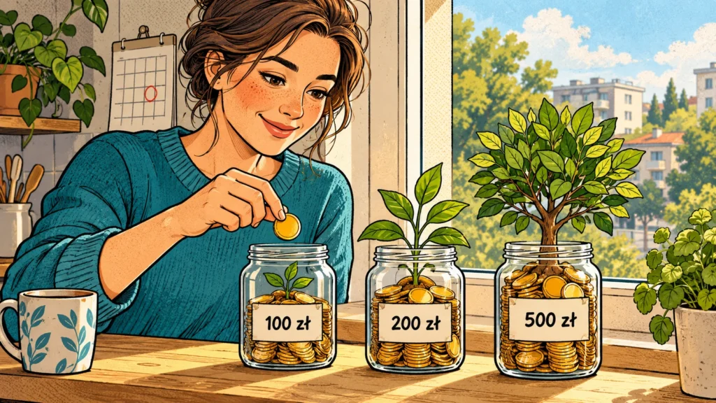 Komiksowa ilustracja kobiety odkładającej monetę do jednego z trzech słoików oznaczonych 100 zł, 200 zł i 500 zł; rośliny symbolizują stopniowy wzrost oszczędności.