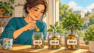 Komiksowa ilustracja kobiety odkładającej monetę do jednego z trzech słoików oznaczonych 100 zł, 200 zł i 500 zł; rośliny symbolizują stopniowy wzrost oszczędności.