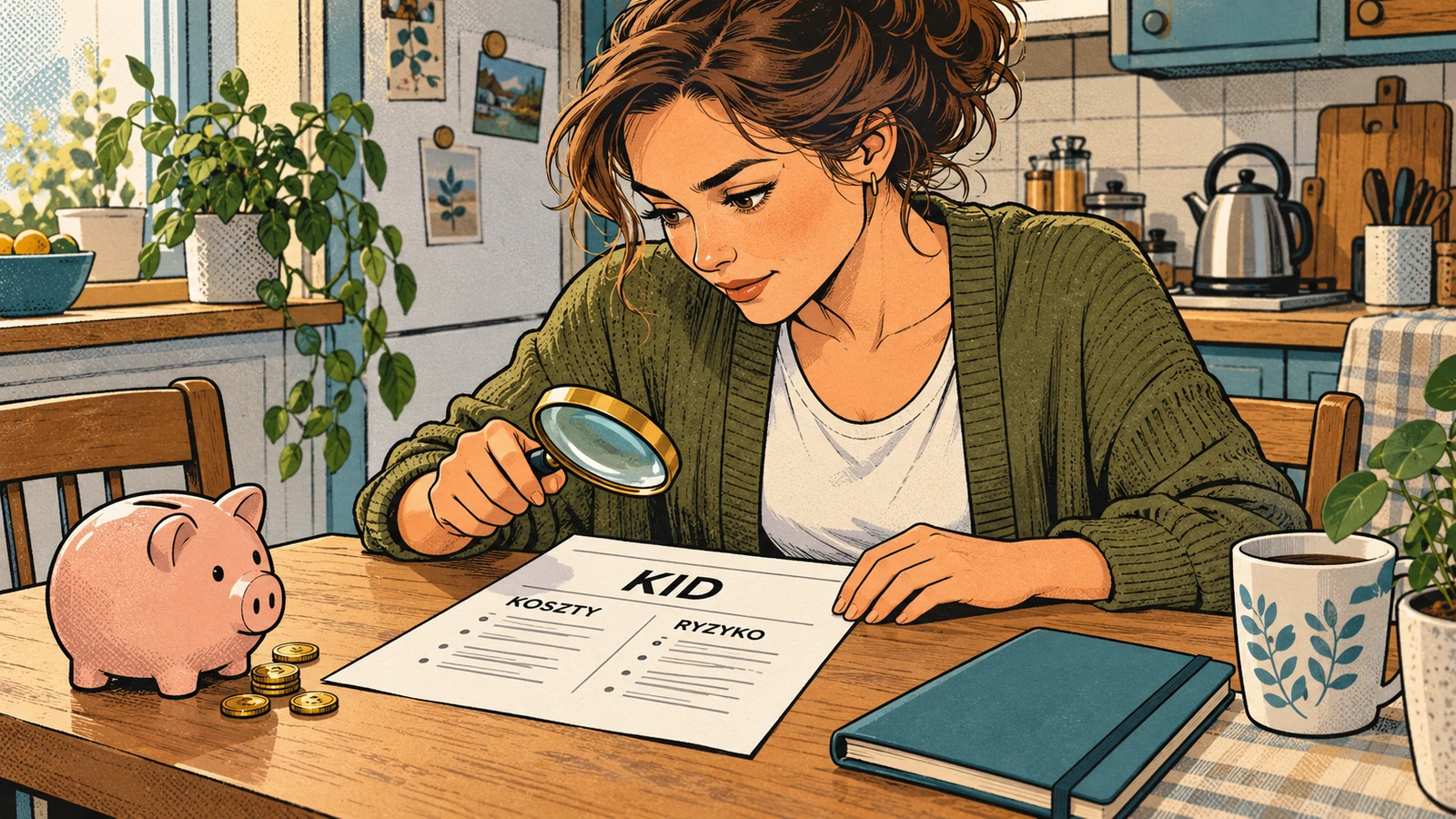 Komiksowa ilustracja kobiety z lupą analizującej dokument KID, koszty i ryzyko inwestycji; obok skarbonka symbolizująca niewielkie regularne wpłaty.