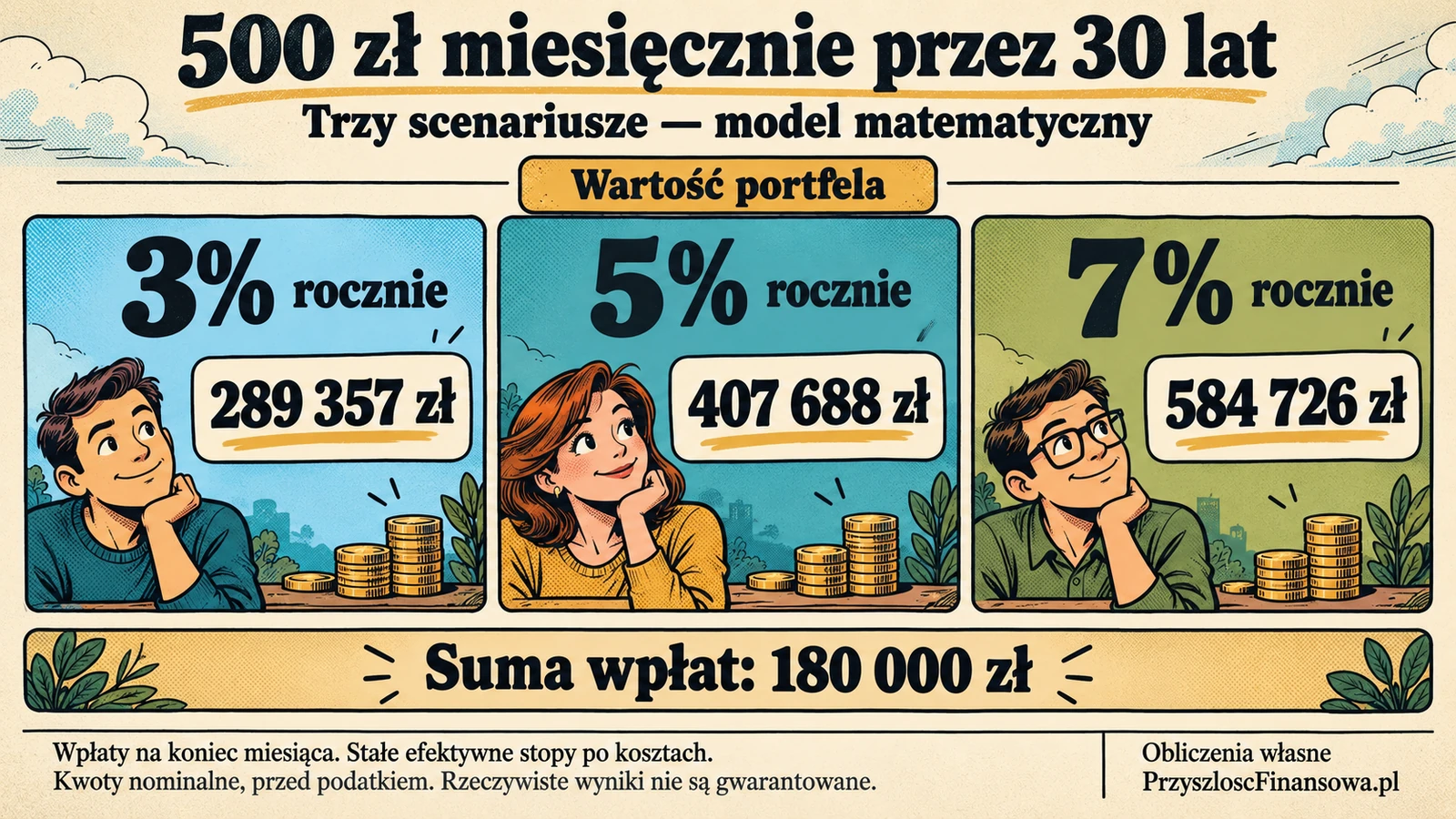 Infografika modelowych wyników wpłat 500 zł miesięcznie przez 30 lat: suma wpłat 180 000 zł, przy rocznej stopie 3% wynik 289 357 zł, przy 5% 407 688 zł, przy 7% 584 726 zł. Kwoty nominalne przed podatkiem; stopy po kosztach, wpłaty na koniec miesiąca. Wynik nie jest gwarantowany.