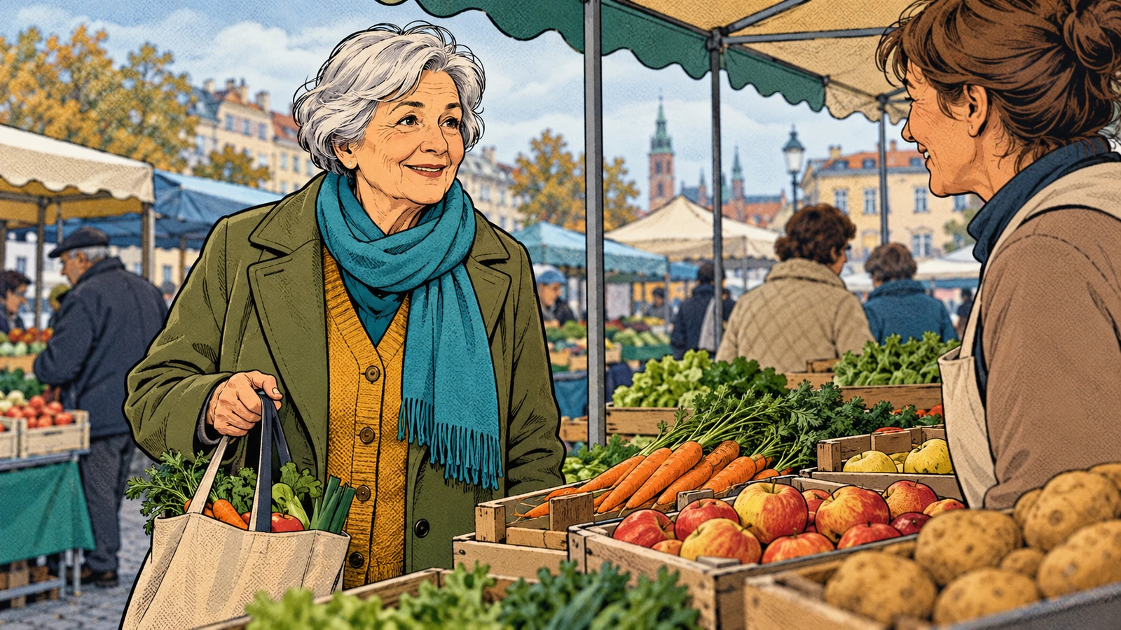 Komiksowa ilustracja starszej kobiety kupującej warzywa na targu, nawiązująca do codziennych wydatków z emerytury.