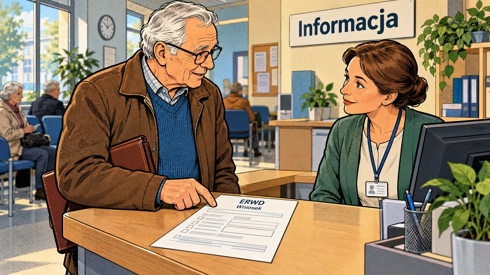 Komiksowa ilustracja starszego mężczyzny konsultującego pierwszy wniosek ERWD w punkcie obsługi świadczeń.