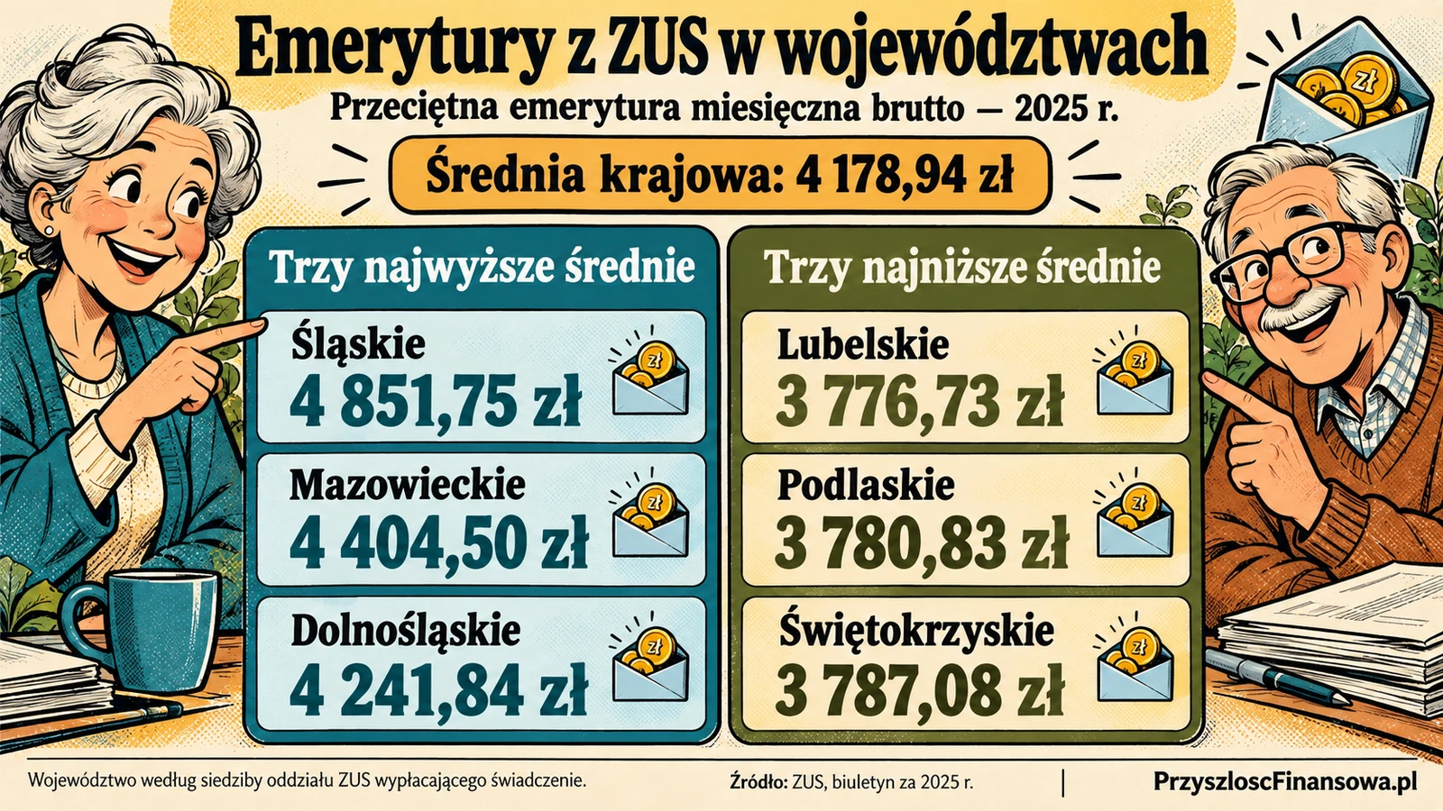 Przeciętna miesięczna emerytura brutto z ZUS w 2025: kraj 4 178,94 zł. Trzy najwyższe średnie: śląskie 4 851,75 zł, mazowieckie 4 404,50 zł, dolnośląskie 4 241,84 zł. Trzy najniższe: lubelskie 3 776,73 zł, podlaskie 3 780,83 zł, świętokrzyskie 3 787,08 zł. Województwo według oddziału wypłacającego świadczenie.